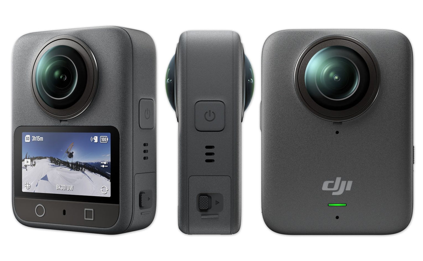 Osmo 360 Adventure Combo showcasing 8K 360° video camera with dual lenses and LCD screen.