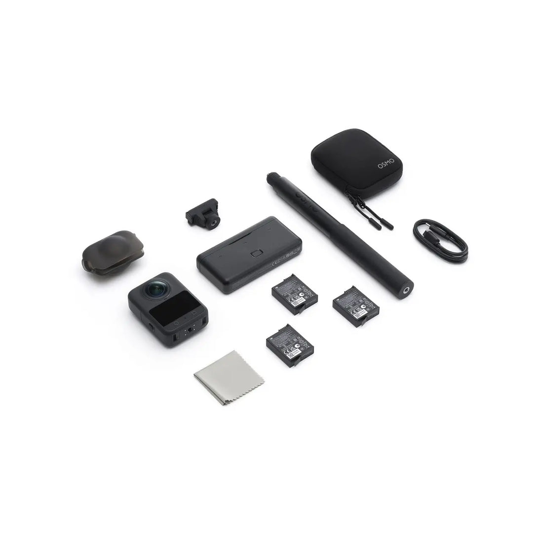Osmo 360 Adventure Combo accessories laid out, including camera, lens, batteries, and carrying pouch.