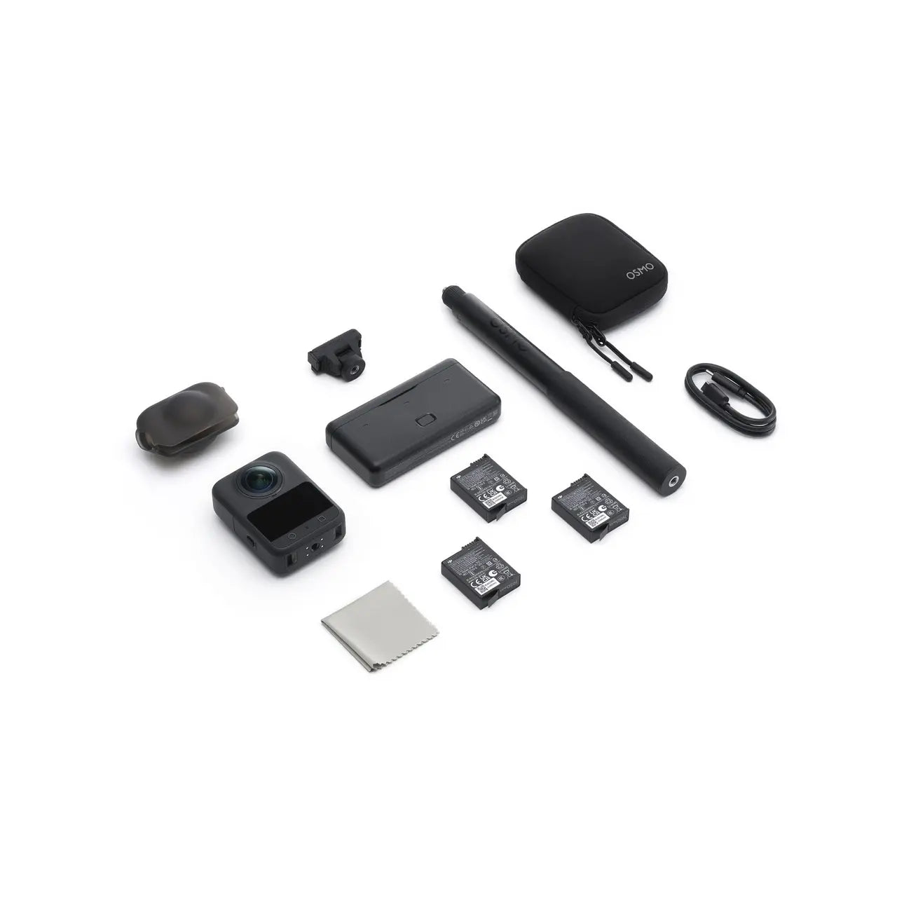 Osmo 360 Adventure Combo accessories laid out, including camera, lens, batteries, and carrying pouch.