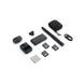Osmo 360 Adventure Combo accessories laid out, including camera, lens, batteries, and carrying pouch.