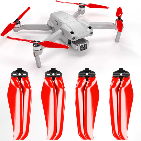 DJI Air 2S drone with four red STEALTH upgrade propellers for improved flight efficiency and agility.