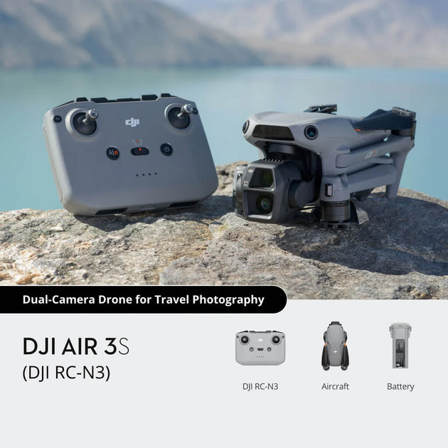 DJI Air 3S dual-camera drone with RC-N3 controller on rocky surface, perfect for travel photography.