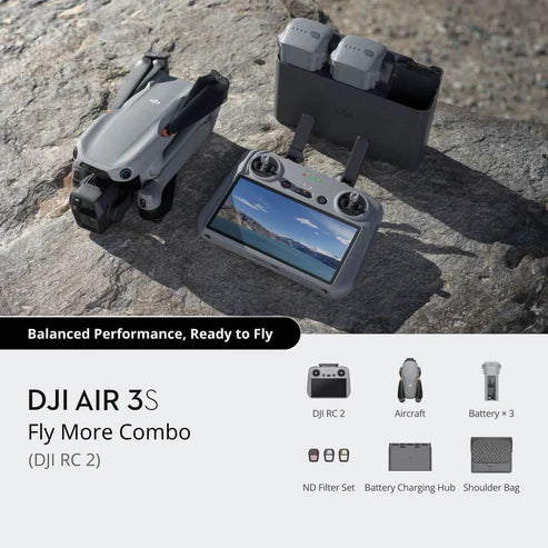 DJI Air 3S Fly More Combo with drone, controller, batteries, and accessories on a textured surface.