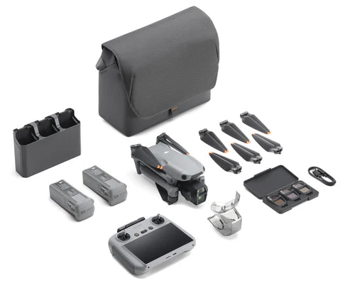 DJI Air 3S Fly More Combo accessories including drone, batteries, controller, and carrying bag.