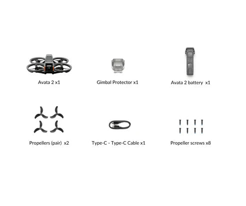 DJI Avata 2 drone kit including battery, gimbal protector, propellers, Type-C cable, and propeller screws.