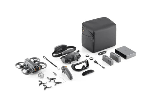 DJI Avata 2 FlyMore Combo kit with drone, remote, goggles, accessories, and carrying case.