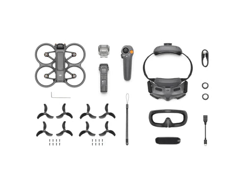 DJI Avata 2 FPV drone kit with controller, goggles, propellers, and accessories arranged flat.