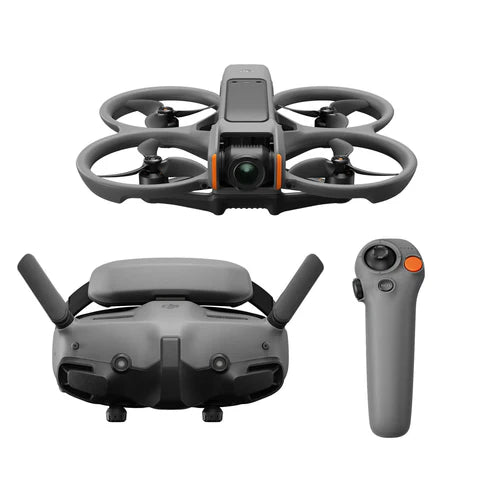 DJI Avata 2 FPV drone with controller and goggles, featuring enhanced imaging and safety features.