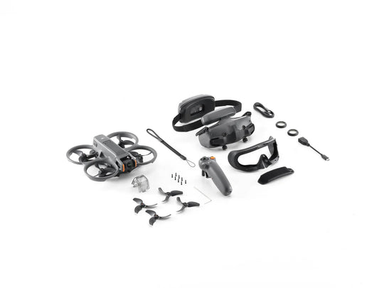DJI Avata 2 drone kit including drone, controller, goggles, and accessories for immersive FPV experience.