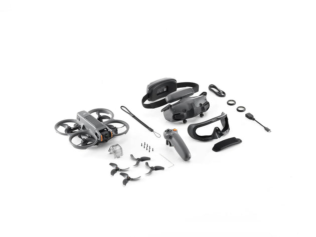 DJI Avata 2 drone kit including drone, controller, goggles, and accessories for immersive FPV experience.