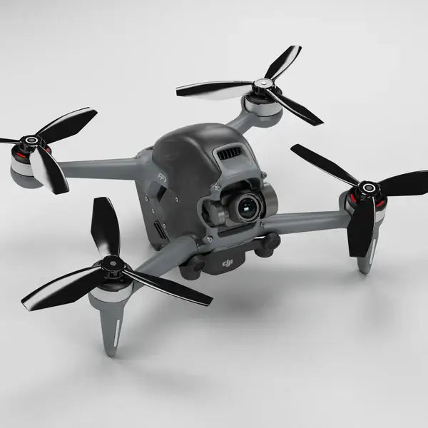 DJI FPV drone with upgraded black propellers, showcasing advanced design and features for high-performance flight.