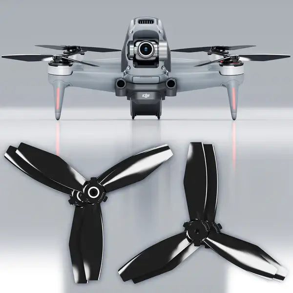 DJI FPV drone with Ludicrous Upgrade Propellers, showcasing black propellers for enhanced flight performance.