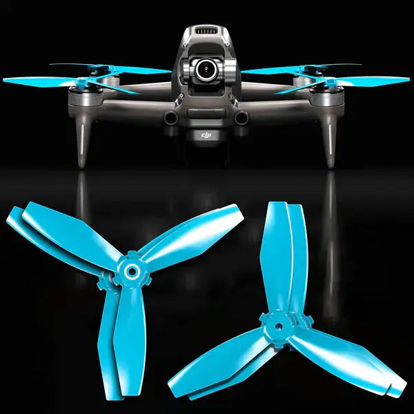 DJI FPV drone with blue upgrade propellers, showcasing enhanced speed and performance features.