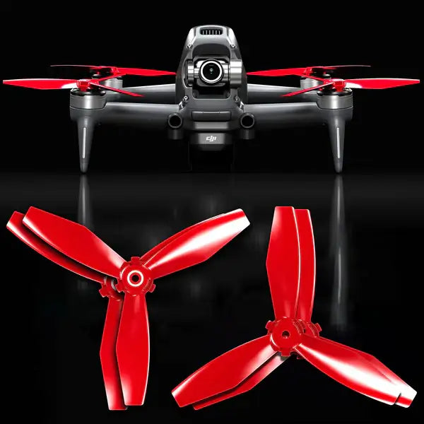 DJI FPV propeller set in red with drone, showcasing aerodynamic design for performance upgrades