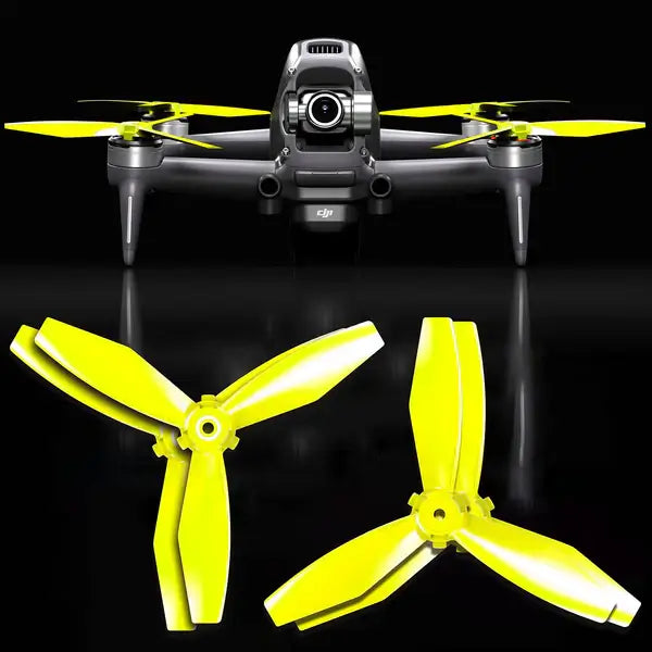 DJI FPV drone with ludicrous upgrade propellers in bright yellow, designed for improved flight speed and efficiency.