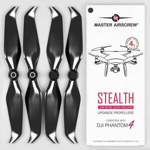 DJI Phantom 4 STEALTH Propellers - x4 Black, low-noise upgrade for longer flight times with quick-release design.