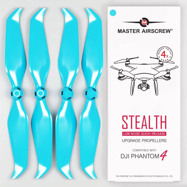 DJI Phantom 4 STEALTH propellers in blue, upgrade kit featuring low-noise quick-release design for improved flight performance.