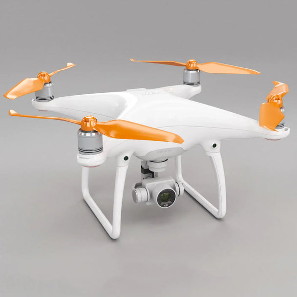 DJI Phantom 4 drone with orange STEALTH propellers, featuring enhanced flight time and low-noise performance.
