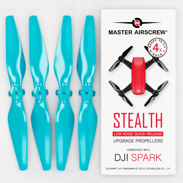 DJI Spark STEALTH upgrade propellers in Aqua Blue, low-noise propellers for enhanced flight performance.