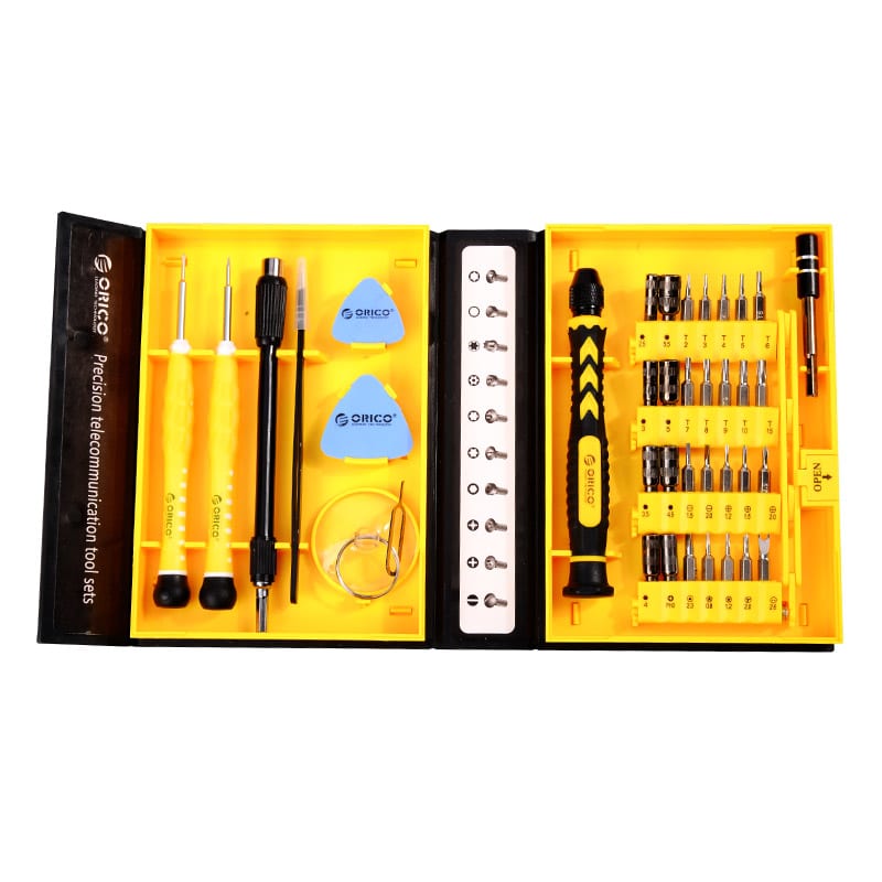 Orico 28 in 1 Screwdriver Set, featuring precision tools and various heads for repairing digital devices.