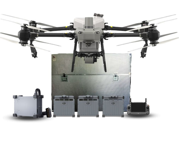 DJI T50 drone charger bundle with three batteries and accessories for agricultural use.